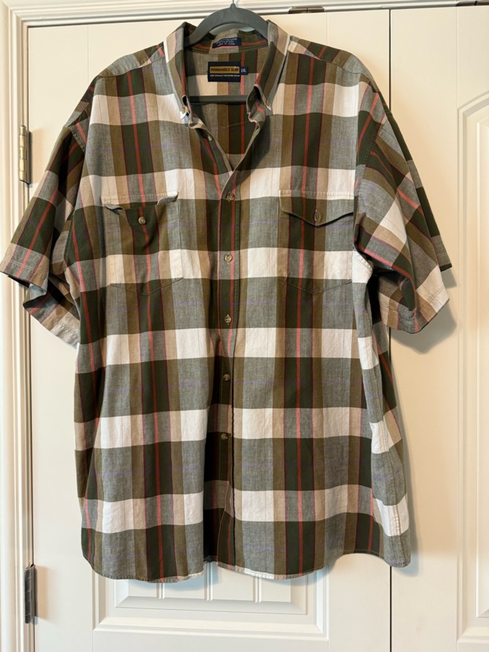 Panhandle Slim Olive and White Plaid Short-Sleeve Button-Down Shirt
